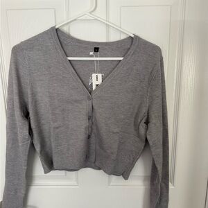 Gray V-Neck Cropped Button-Up Women's Sweater - small